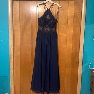 Navy Blue Floor Length Formal Open Back Dress Lace Appliqué Rhinestone